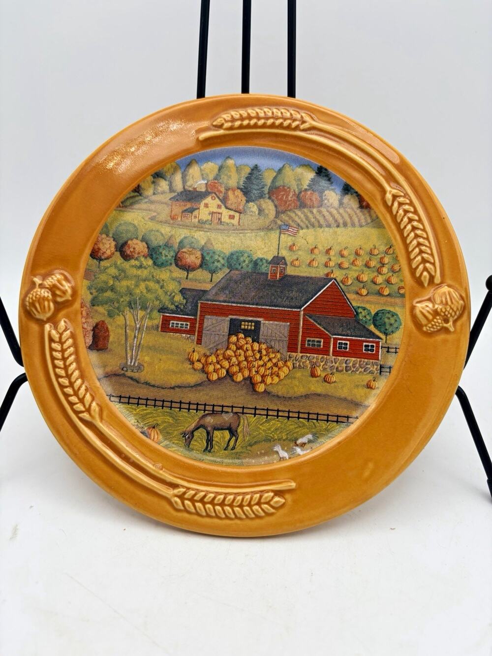Ceramic Decorative trivet Farm Scene Pumpkin Patch Brown Multicolor Round Glossy